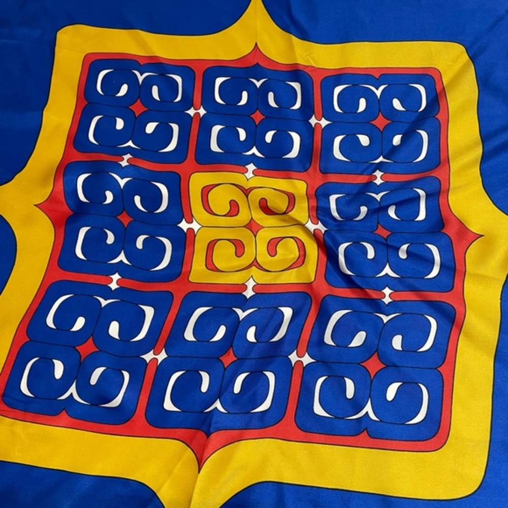 Vintage Burmel Silk Hand Rolled Scarf Blue  Yellow Colorful Geometric 27”x27”